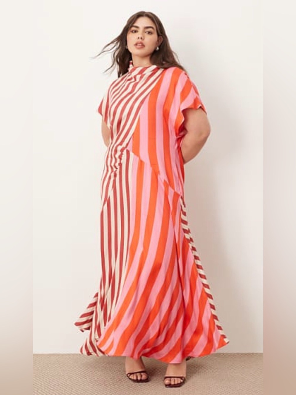 Asymmetrical Striped Maxi Dress in Pink & Red